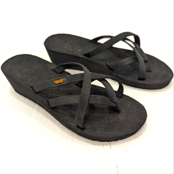 Teva Shoes - TEVA Olowahu black strappy wedge heel slide sandals